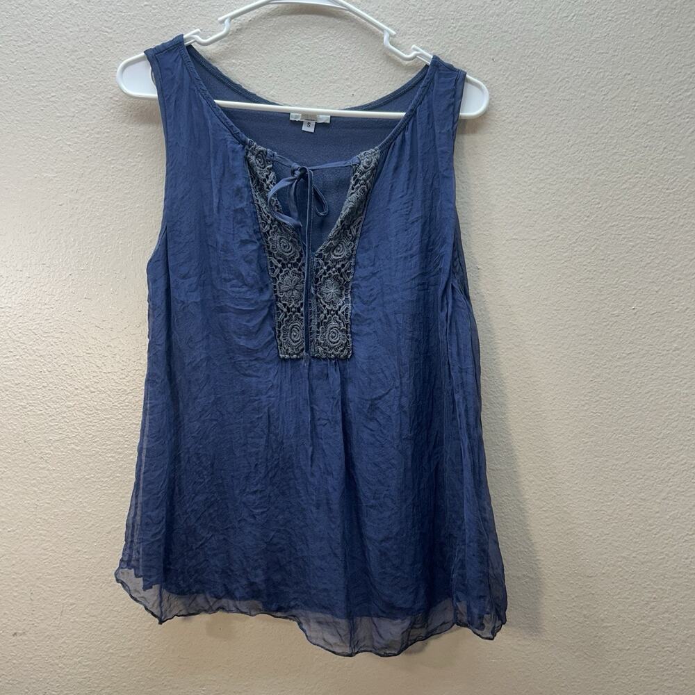Keysha Silk Tank Top Sz S‎ Blue Sheer Lined Boho Italy Peasant Fairy Crochet